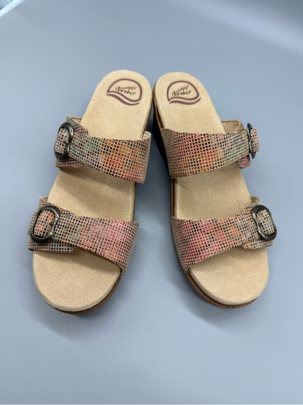 Dansko Tan Multi-Tone Perforated Two-Buckle Slide Sandals stained glass style.!
